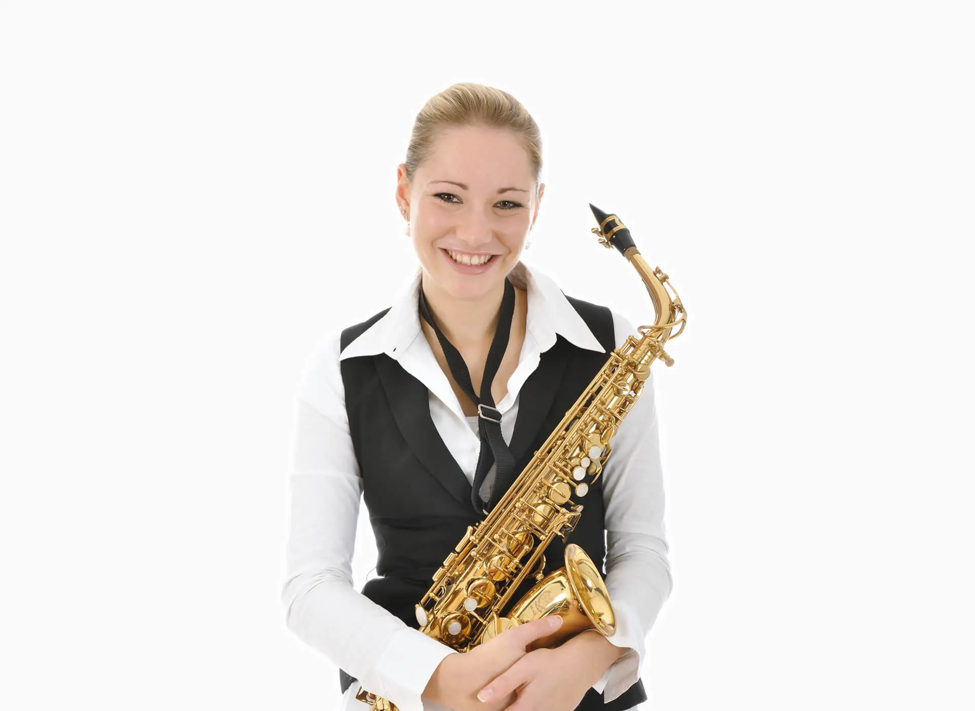 Smiling woman in a waistcoat holding an alto saxophone