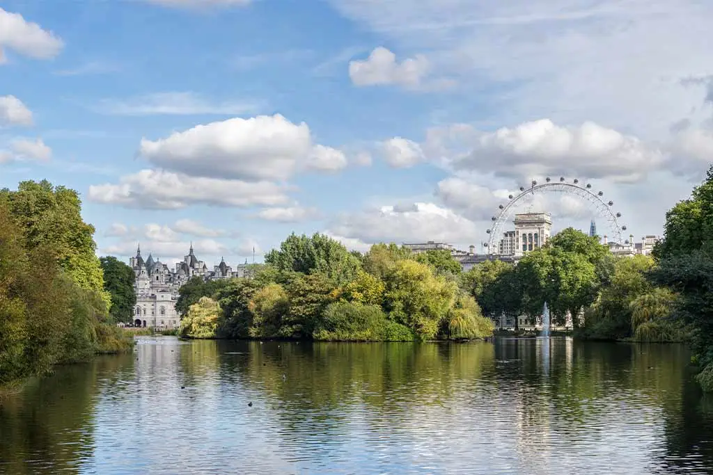 St James's Park lake with the London Eye in the distance