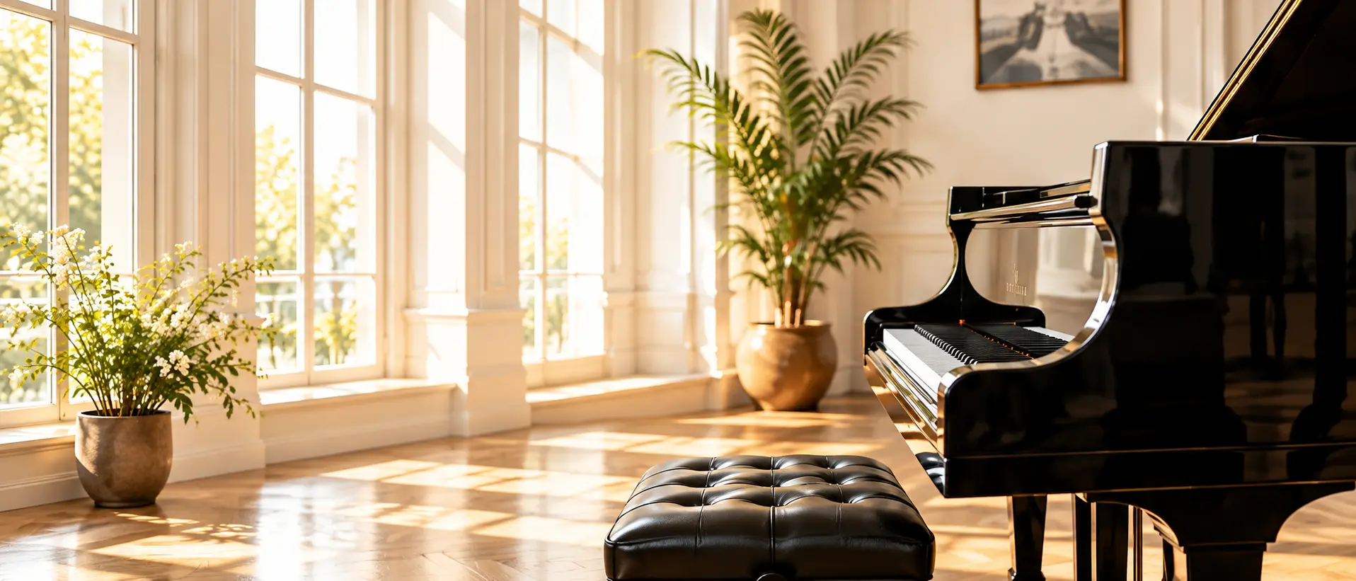 Grand piano in a sunlit music room