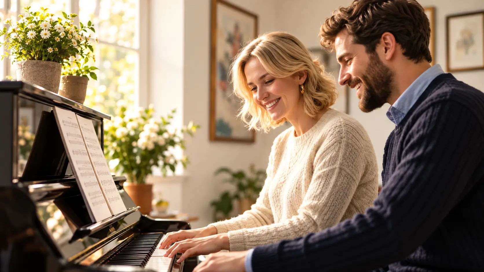 Adult student and her teacher smiling at the piano in a sunlit room