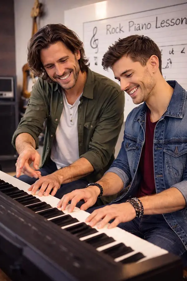 A teacher points to the keys as a student plays