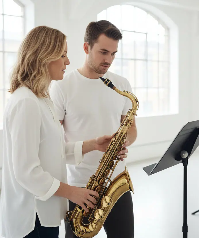 Teacher guiding a tenor saxophone student beside a music stand