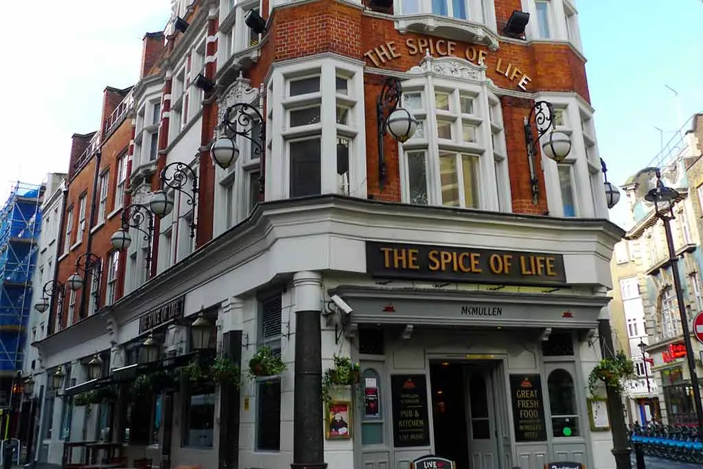 Exterior of The Spice of Life pub on a city street