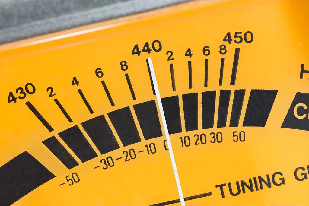 Close-up of an analogue tuning meter with frequency markings