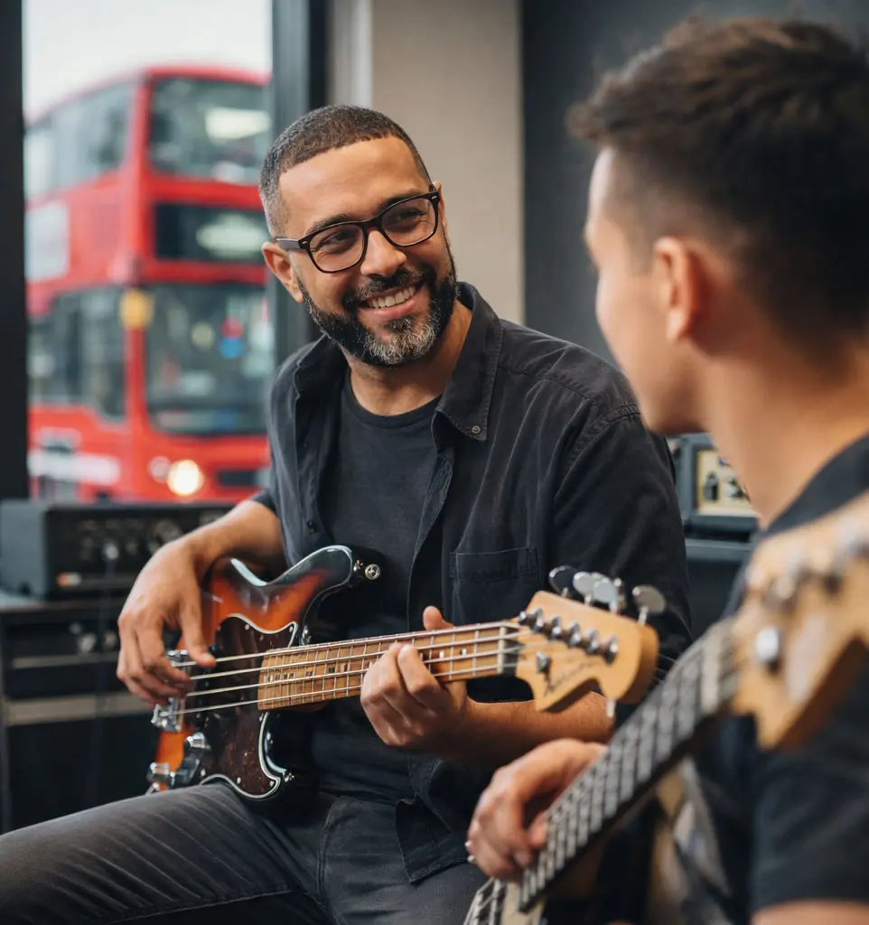 Two men playing bass guitars together in a music room