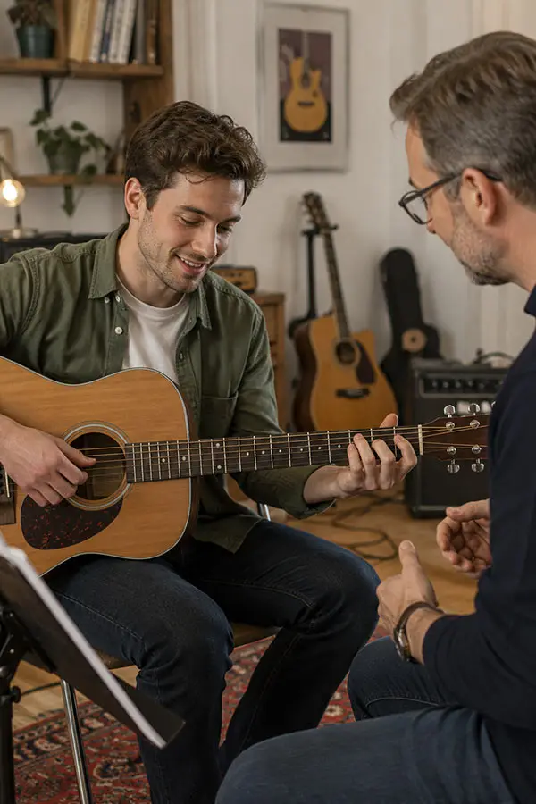 Man playing acoustic guitar with another man beside him