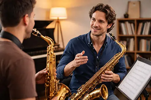 Two men with saxophones near a piano and tilted sheet music