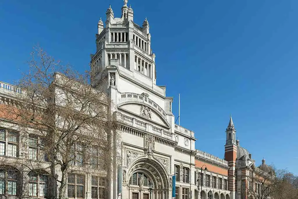 Victoria and Albert Museum entrance under a clear blue sky