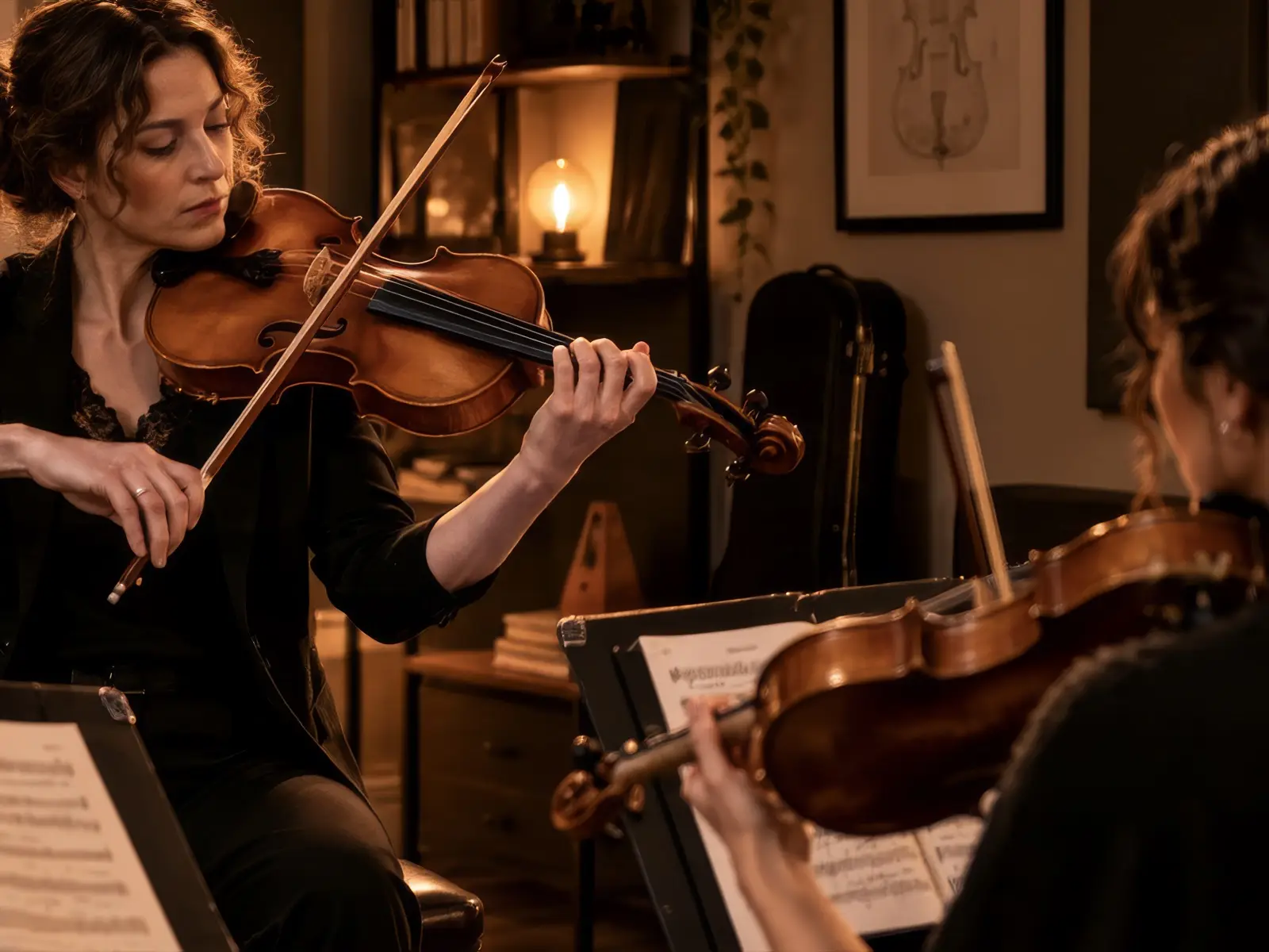 Viola teacher and student playing together from sheet music in a warmly lit room.