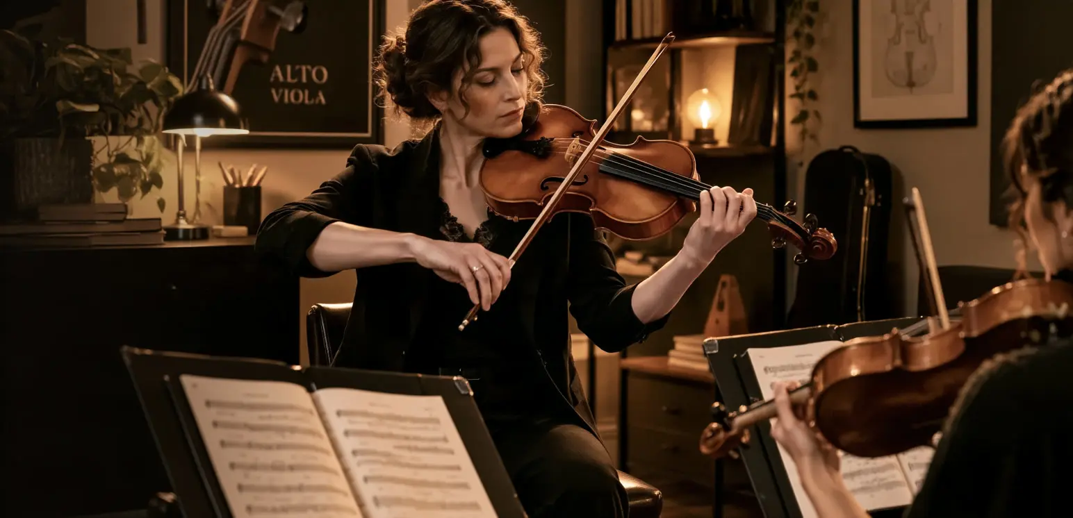 Viola player reading sheet music beside a student in a warmly lit music room.