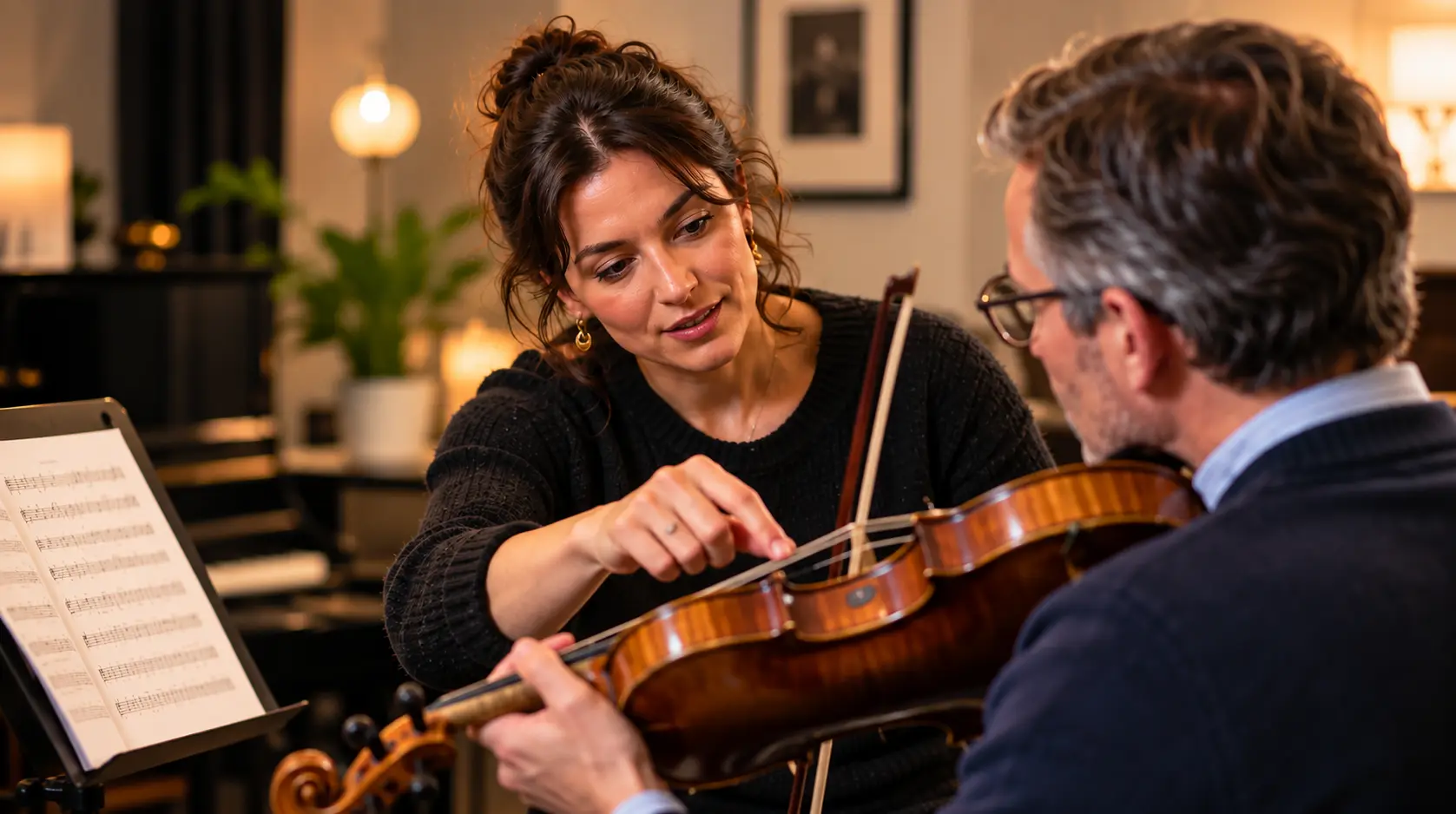 Teacher guiding an older violin student’s bow position