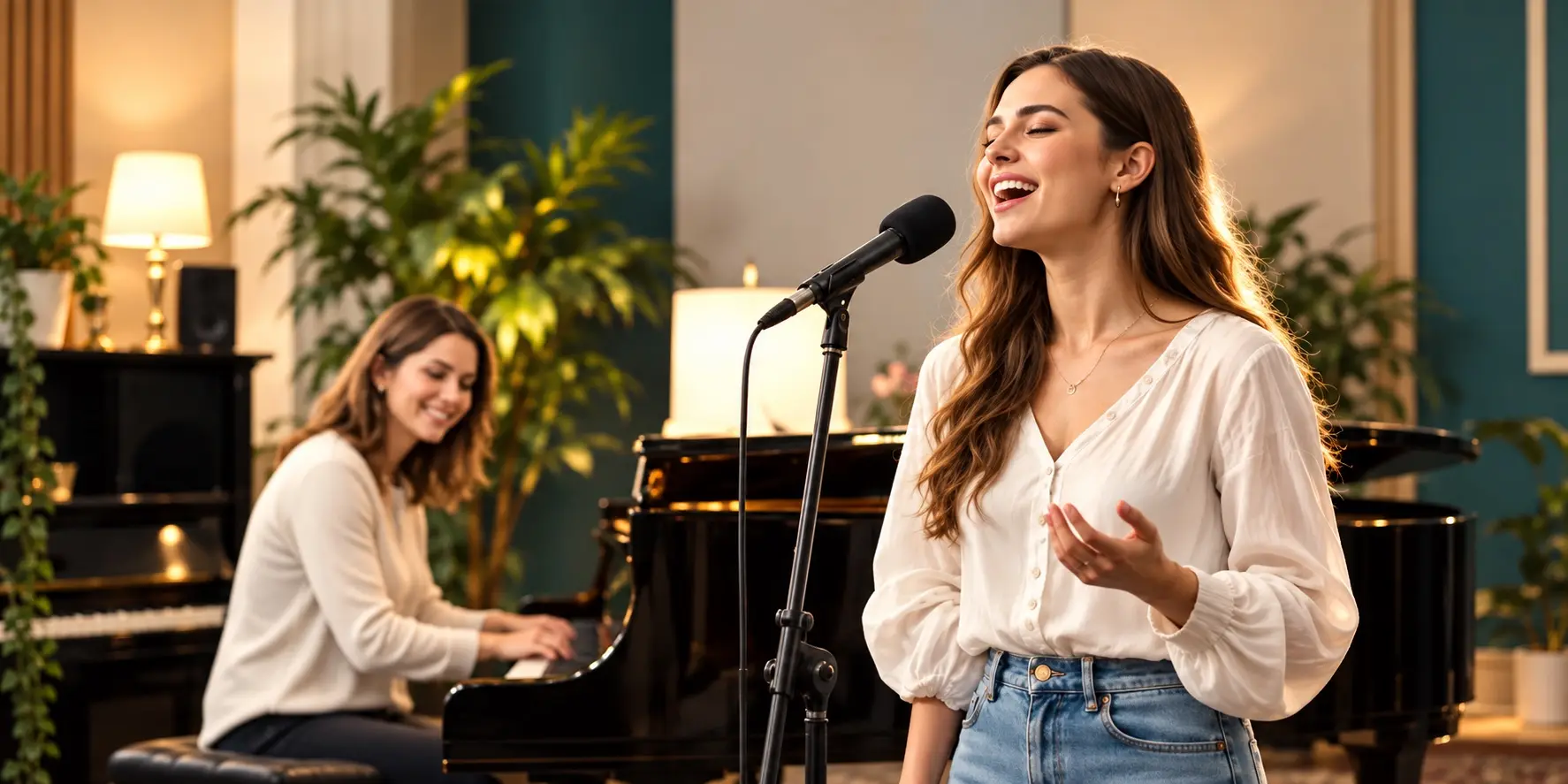 Singing student at the microphone with her teacher at the piano in a warm studio