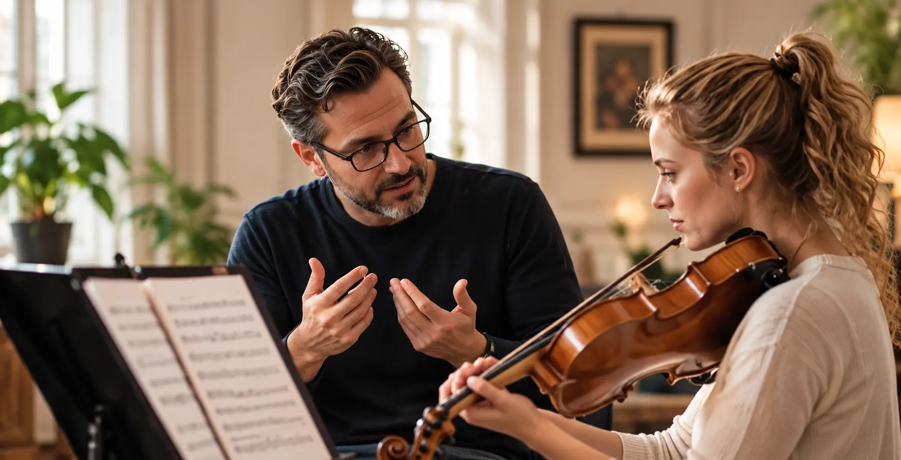 A violin teacher explaining technique to an adult student during a one-to-one lesson