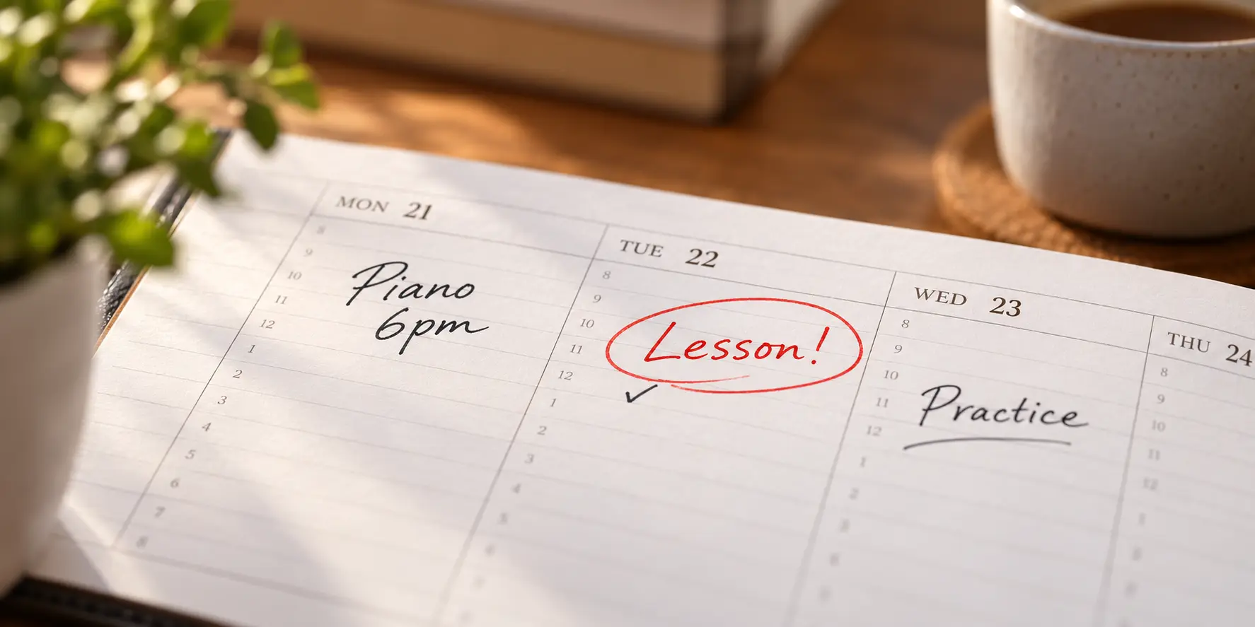 A weekly planner with a piano lesson at 6pm, a lesson circled in red and practice time