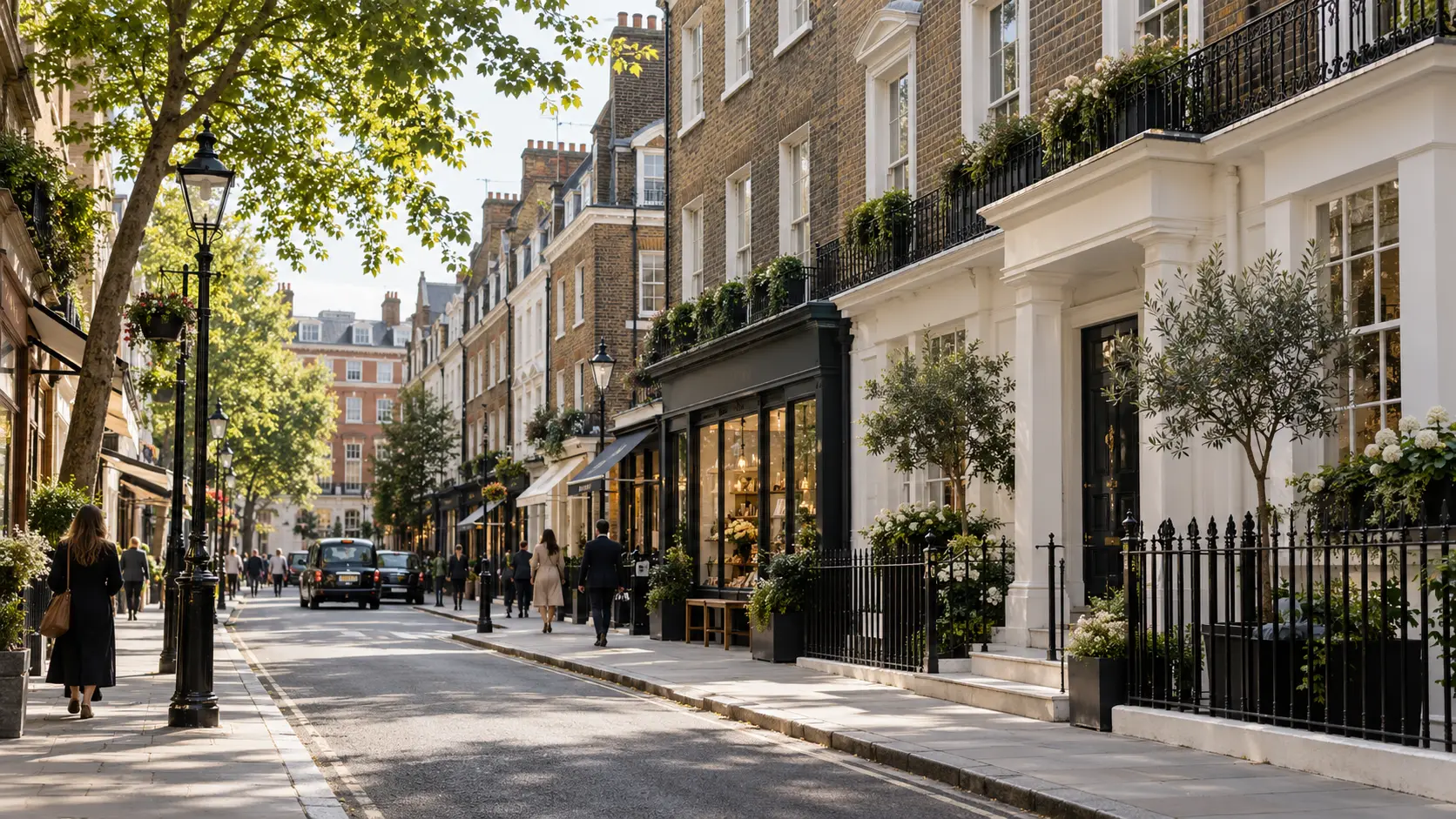 A tree-lined street of Georgian terraces with shops and cafés in central London