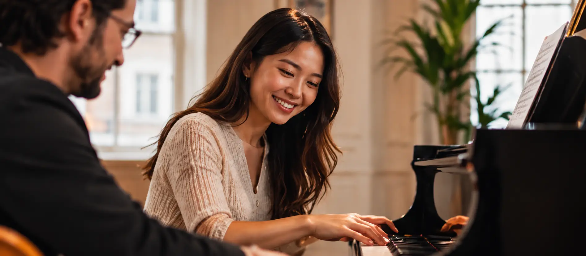A smiling adult student playing the piano beside her teacher in a sunlit room