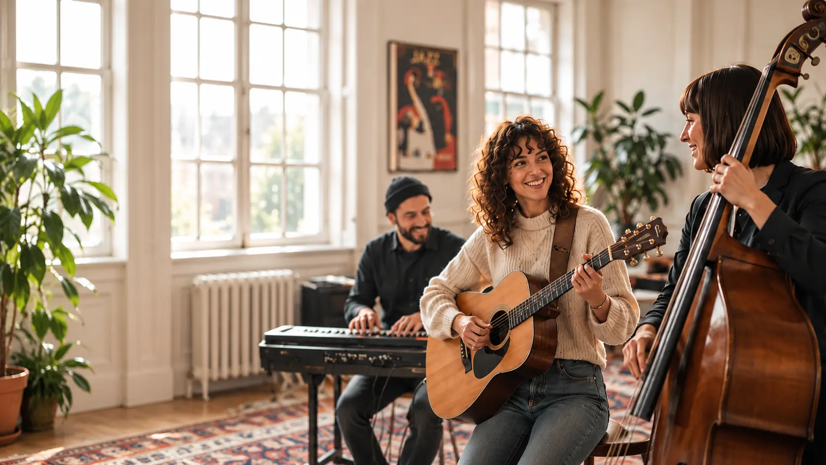 Three musicians playing keyboard, acoustic guitar and double bass together in a bright London loft