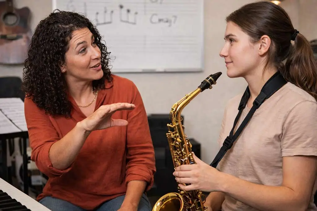 Woman gesturing to a saxophonist holding an alto saxophone