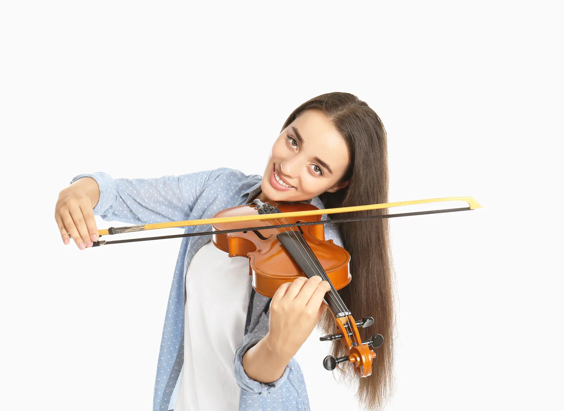 Woman in a blue shirt playing a violin