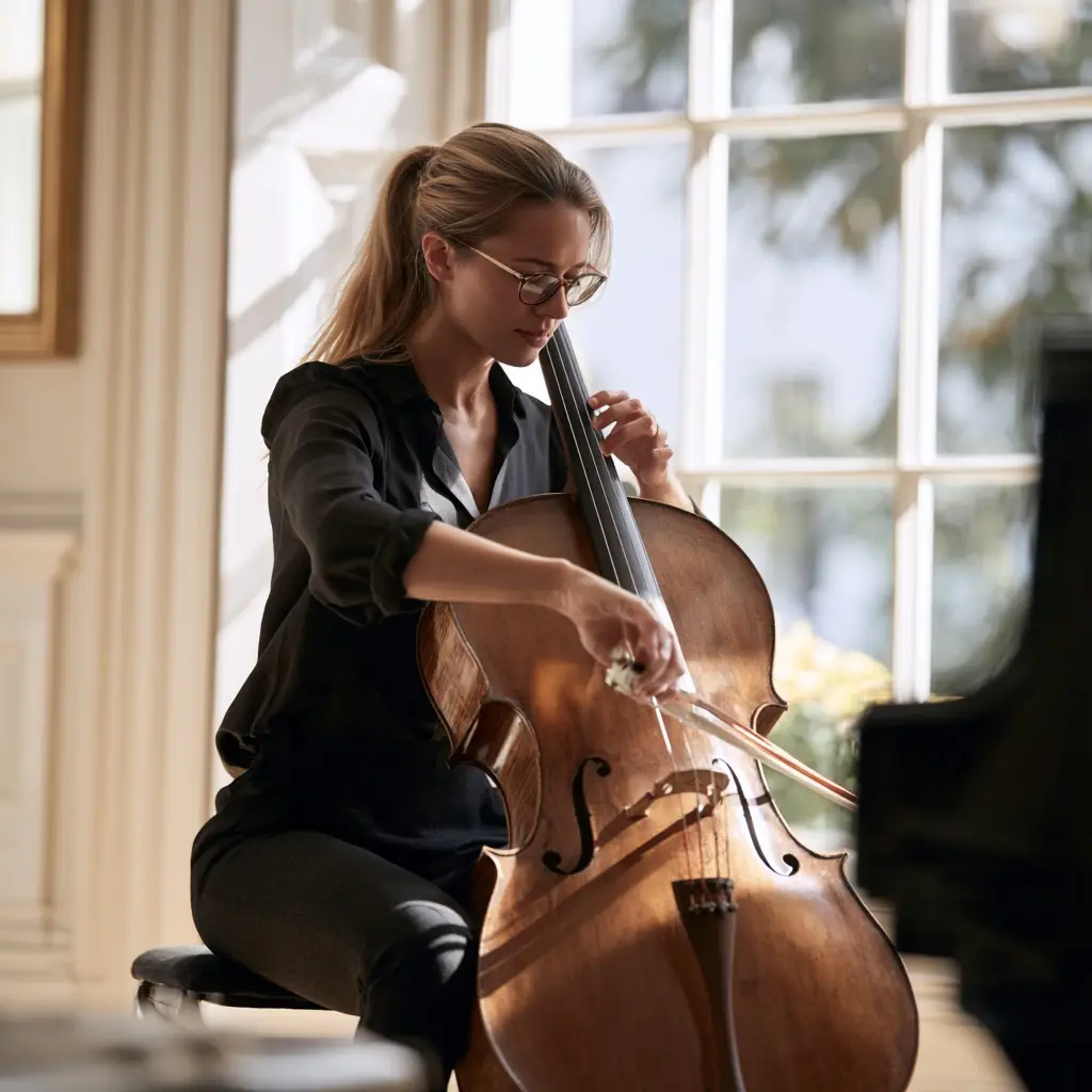 Woman in glasses playing the cello beside a tall sunlit window.