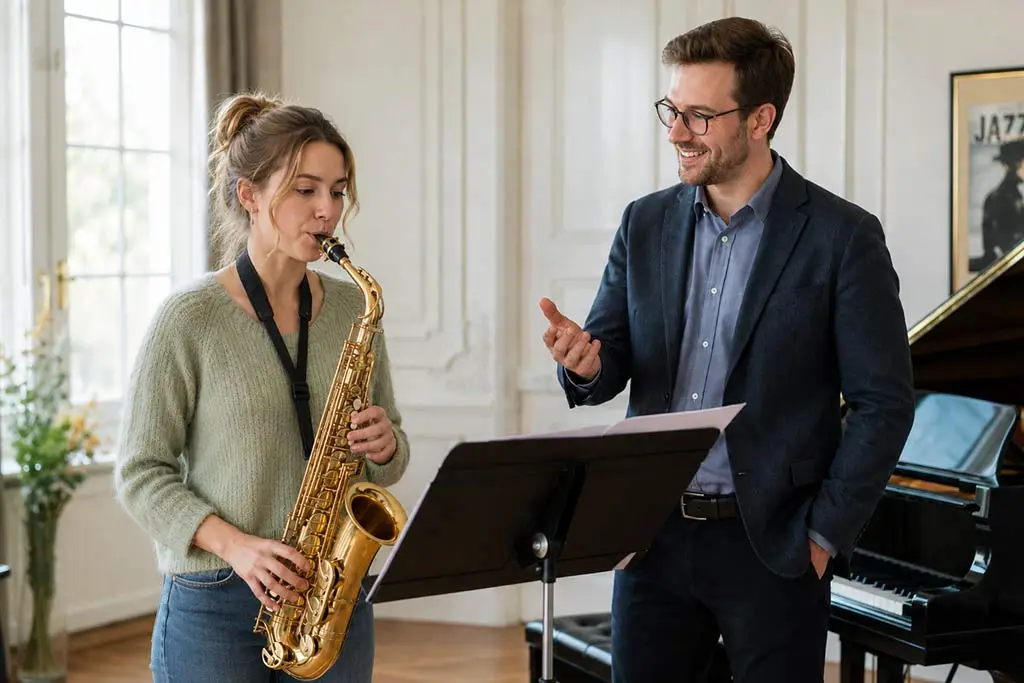 Woman playing an alto saxophone beside a man and music stand