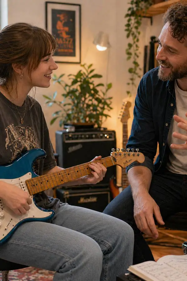 Woman playing a blue electric guitar beside a seated man in a music room