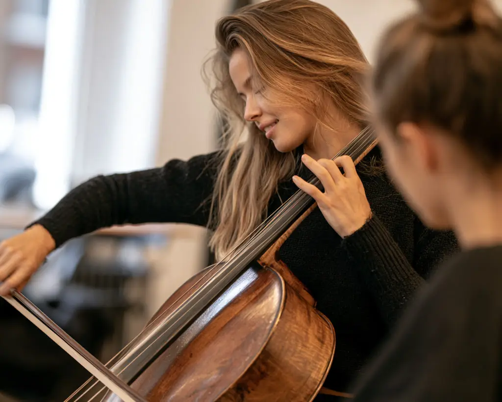 Smiling woman playing the cello in a bright room, with another person watching in the foreground.
