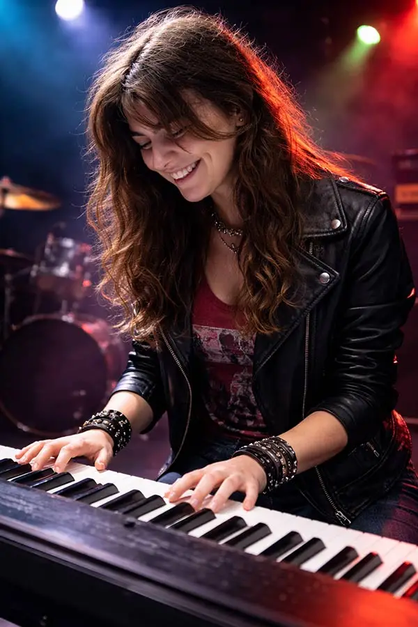 Smiling woman playing a keyboard on stage