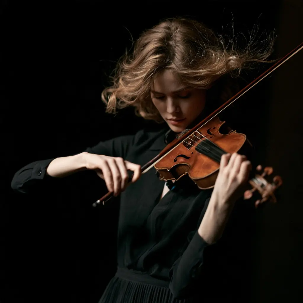 Woman with flowing hair playing the viola against a dark background.