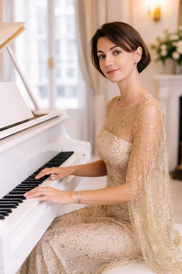 Woman in a gold formal dress playing a white piano