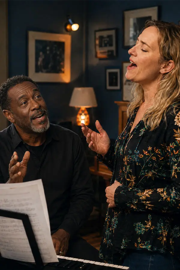 Woman singing beside a seated man at a keyboard
