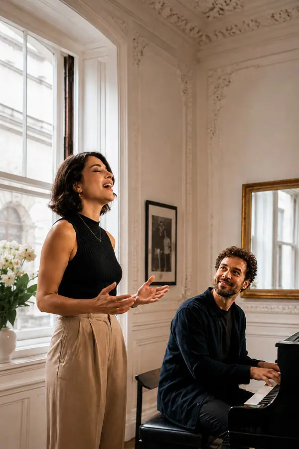 Woman singing while a pianist plays in a bright music room