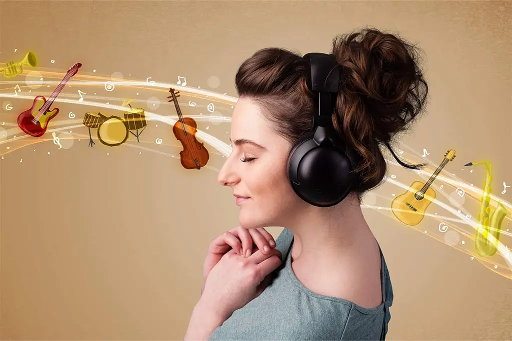 Woman wearing headphones with illustrated instruments and musical notes behind her
