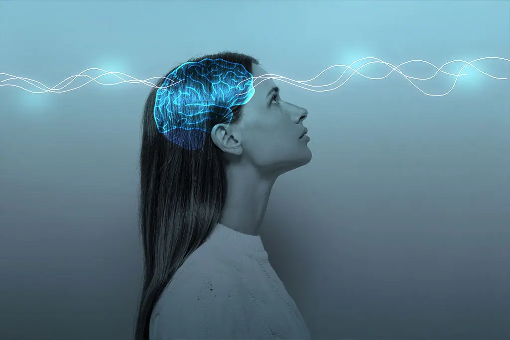 Woman with neon glowing brain and soundwaves