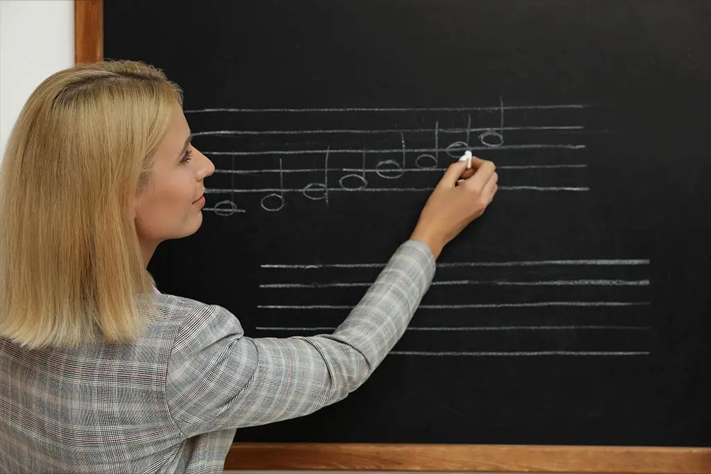 Woman writing musical notes on a chalkboard