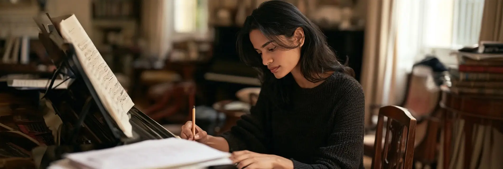A woman writing music theory exercises at a grand piano