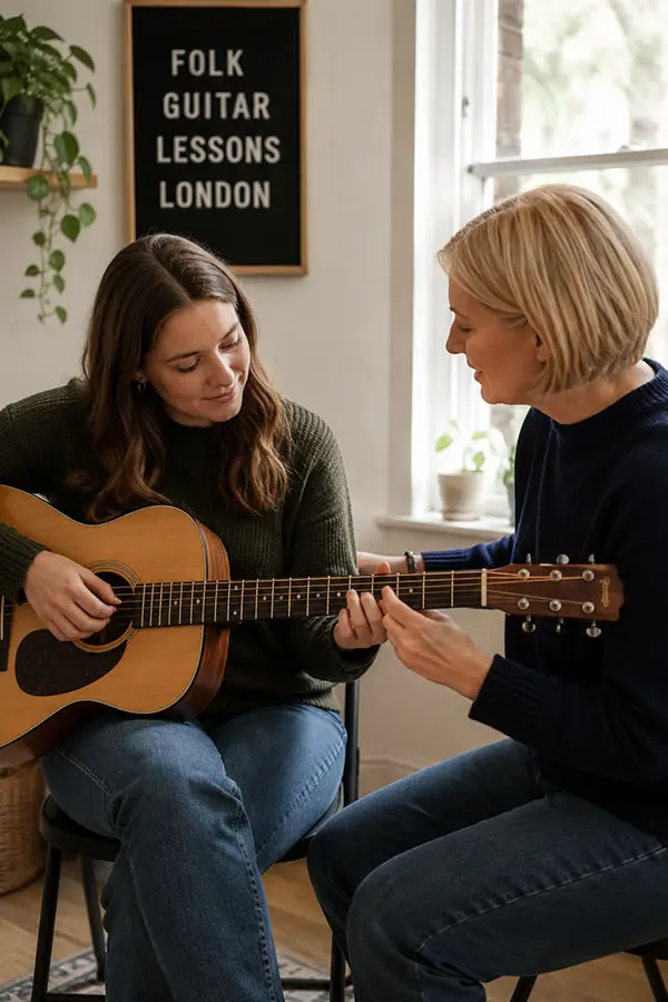 Woman learning acoustic guitar with a teacher beside her