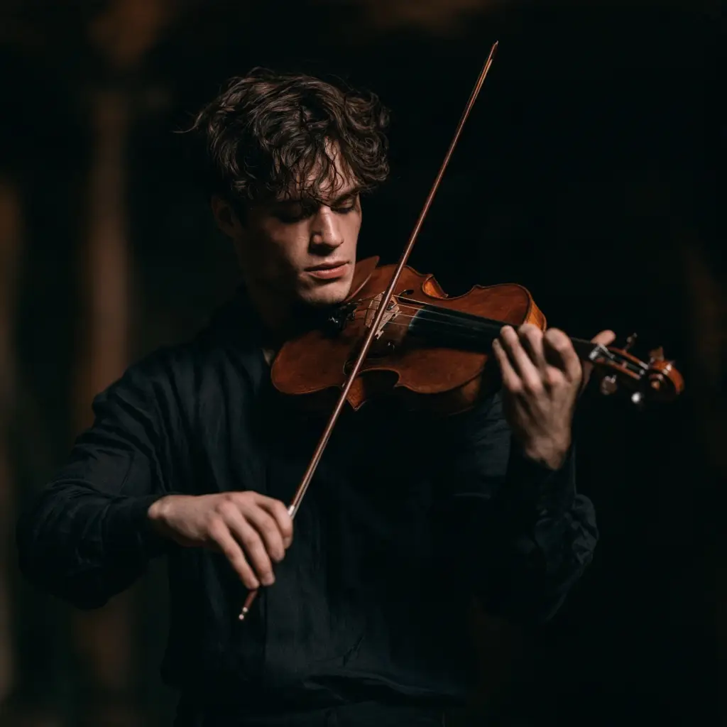 Young man with curly hair playing the viola against a dark background.