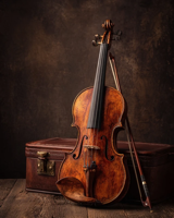 An antique violin and bow leaning against a leather case on a wooden table