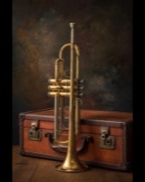 A brass trumpet standing on a vintage leather case