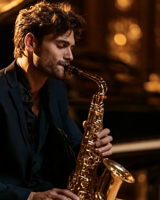 A man with curly hair playing the alto saxophone, eyes closed