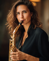 A smiling woman with an alto saxophone at her lips